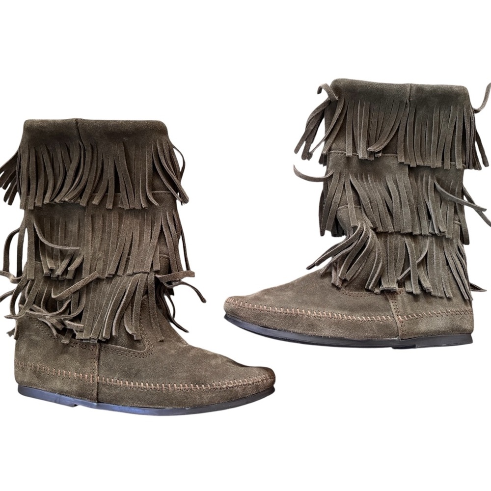Minnetonka Fringe Ankle Boots in Olive